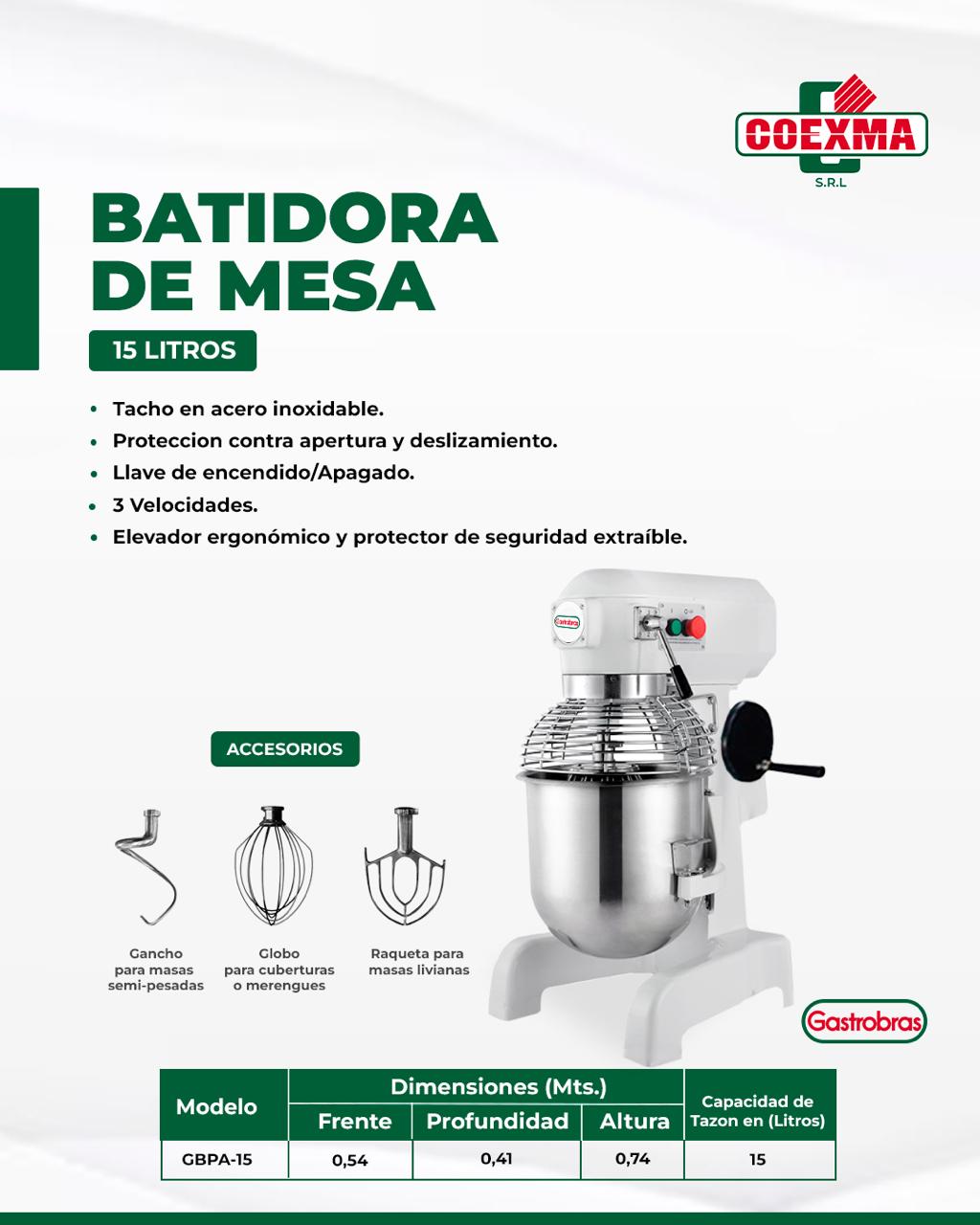 BATIDORA DE MESA MARCA COEXMA DE 15 LTS